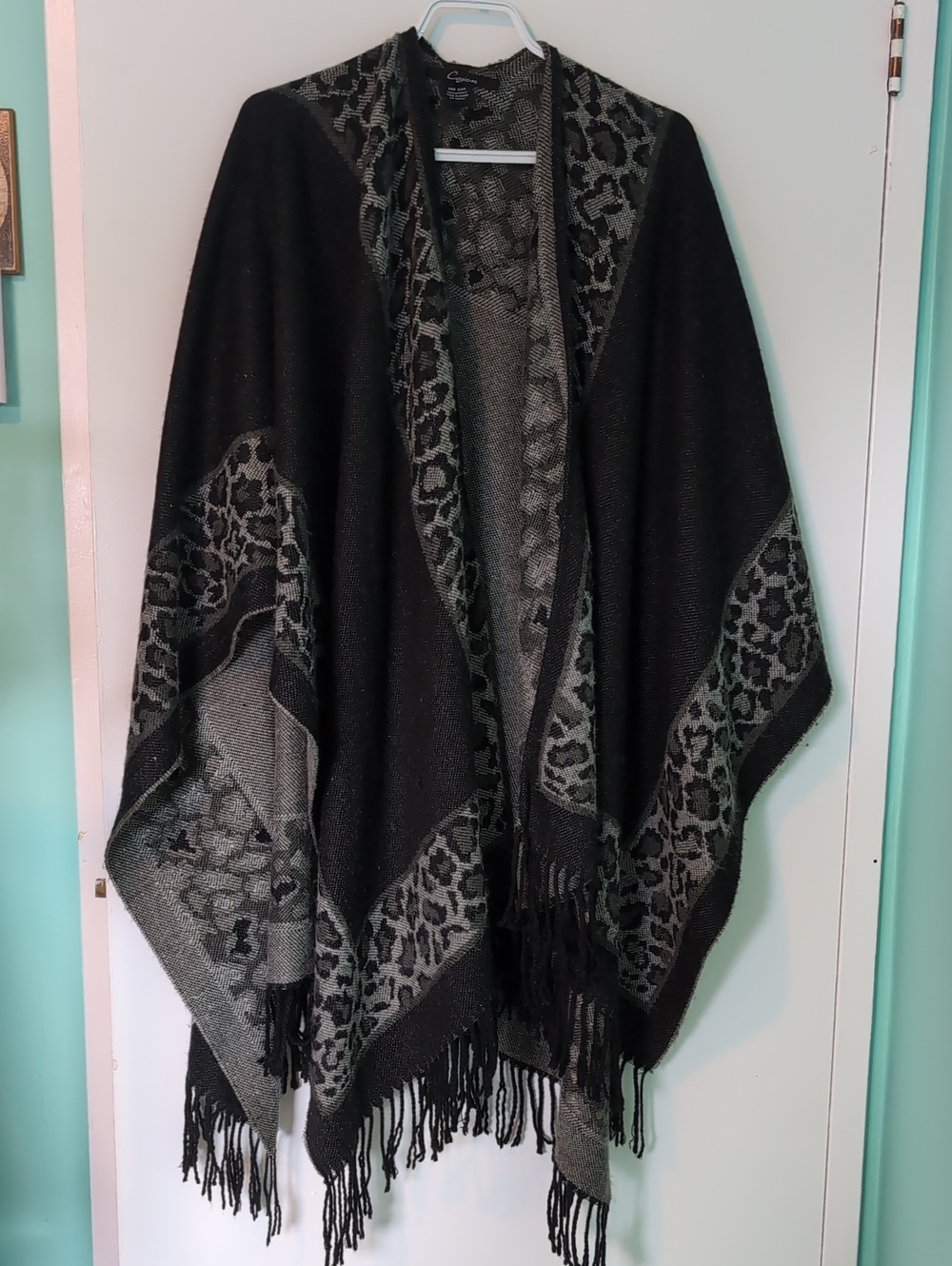 Cejon Black & Gray Leopard Print Fringe Poncho